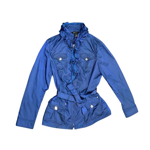 White House Black Market Belted Blue Nylon Ruffle Jacket coat Zip up Size XS - Picture 1 of 5
